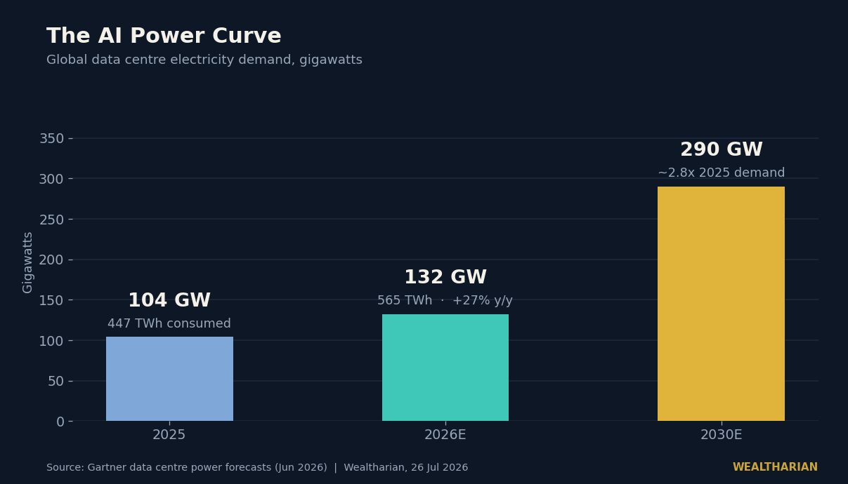 Bar chart: global data centre electricity demand rising from 104 GW in 2025 to 132 GW in 2026 and about 290 GW by 2030