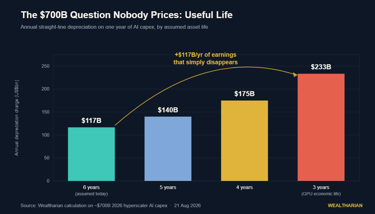 Bar chart showing annual straight-line depreciation on $700B of AI capex at 6, 5, 4 and 3 year useful lives: $117B, $140B, $175B and $233B