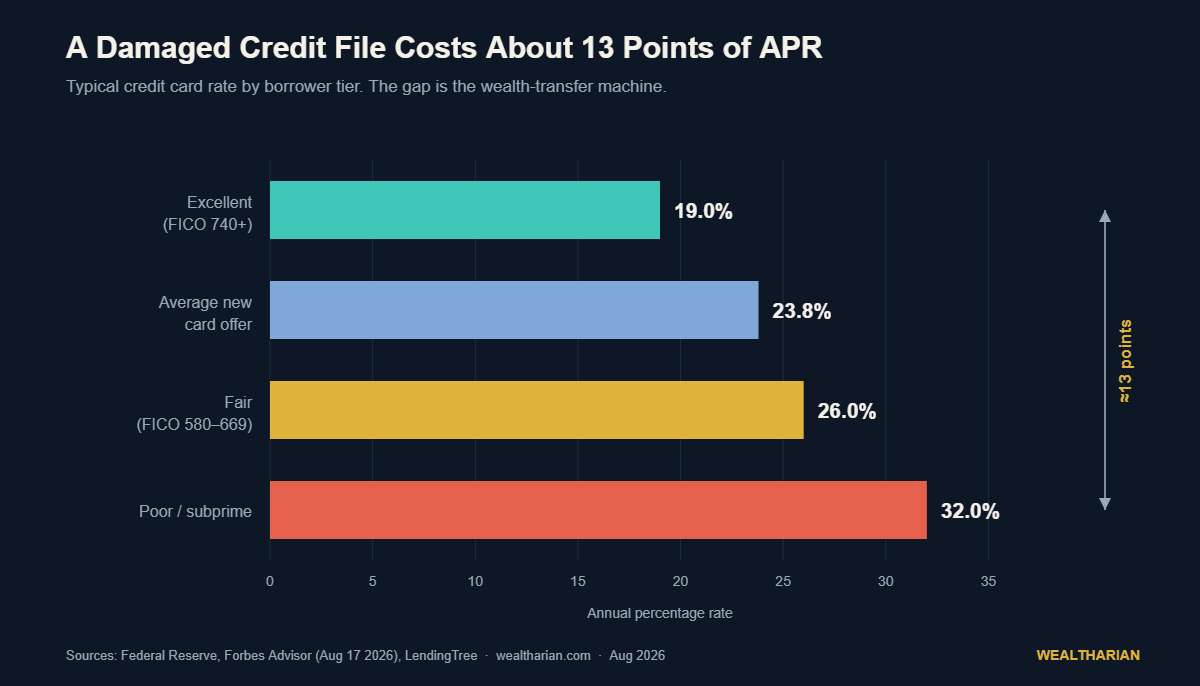 Horizontal bar chart of typical credit card APR by borrower tier: excellent credit 19%, average new card offer 23.8%, fair credit 26%, poor or subprime 32% - a gap of about 13 percentage points